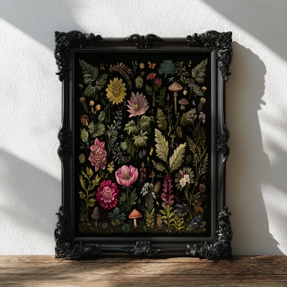 Dark Botanical Art Print, Vintage Floral & Mushroom Illustration, Moody Wildflow